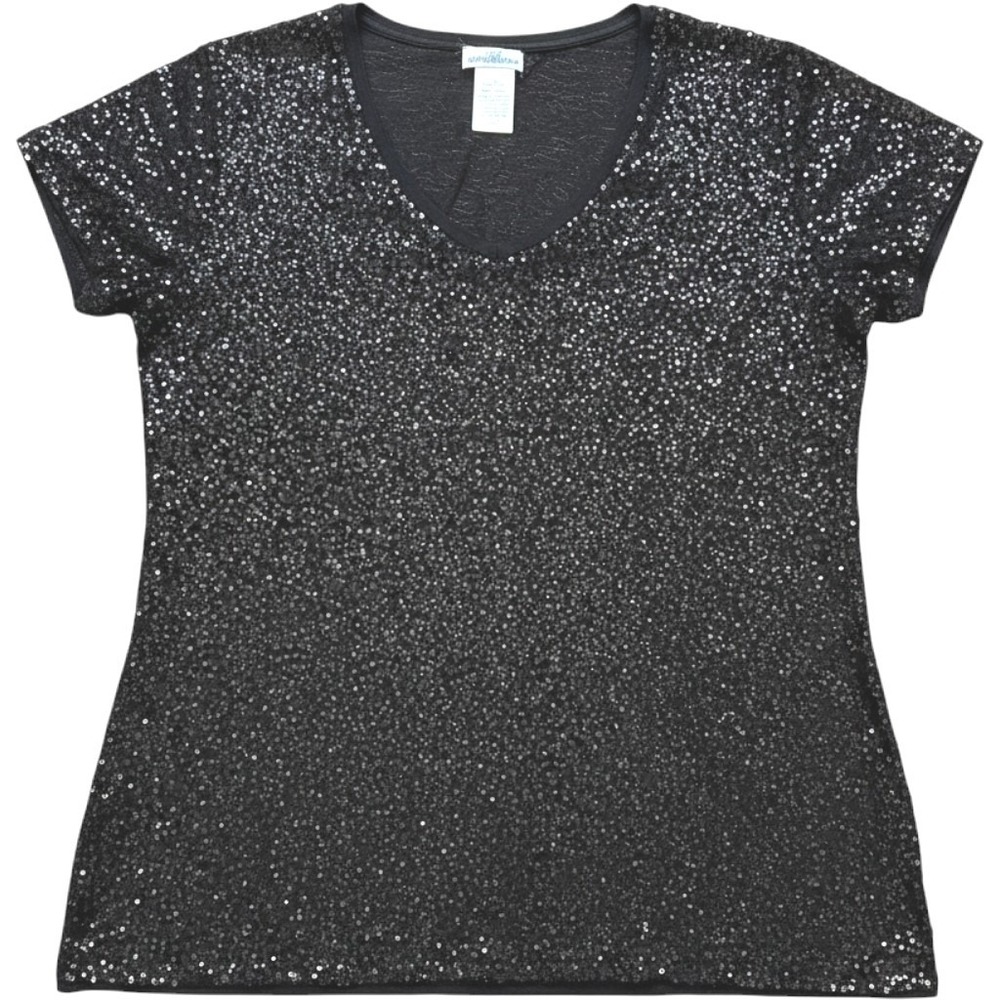 Jaclyn Smith Womens Black Sequin V-Neck Short Sleeve Top Medium Mediano Sparkle